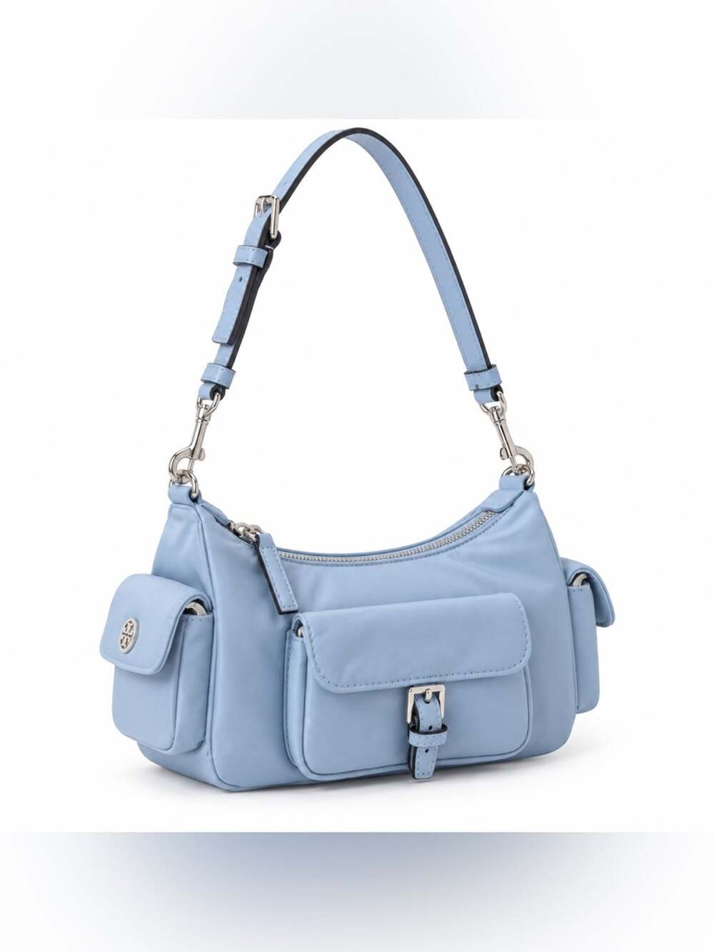Tory Burch Powder Blue Leather Shoulder Bag with Front Flap Pocket